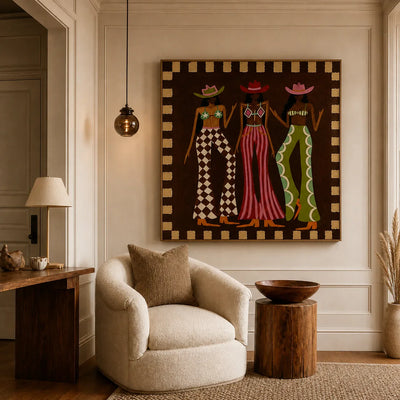 Three Hat Figures in Patterned Trousers Wall Art styled interior scene 1 | Olyrel