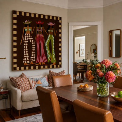 Three Hat Figures in Patterned Trousers Wall Art styled interior scene 2 | Olyrel