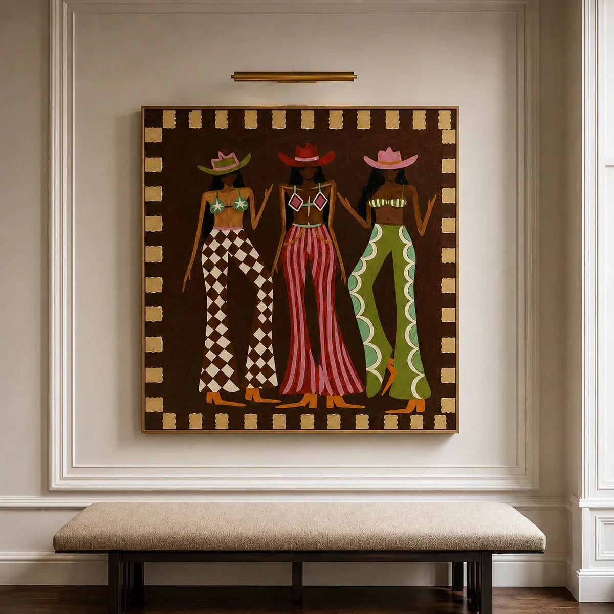 Three Hat Figures in Patterned Trousers Wall Art styled interior scene 3 | Olyrel