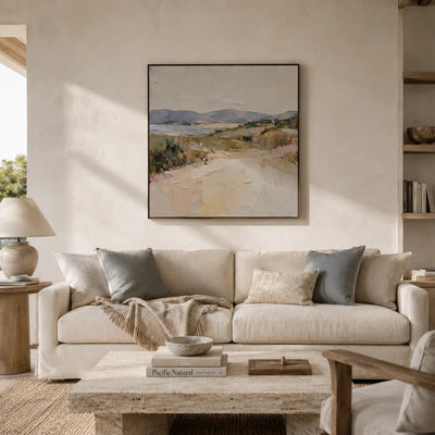 Pastel Cove Coastal Wall Art styled in a modern living room | Olyrel