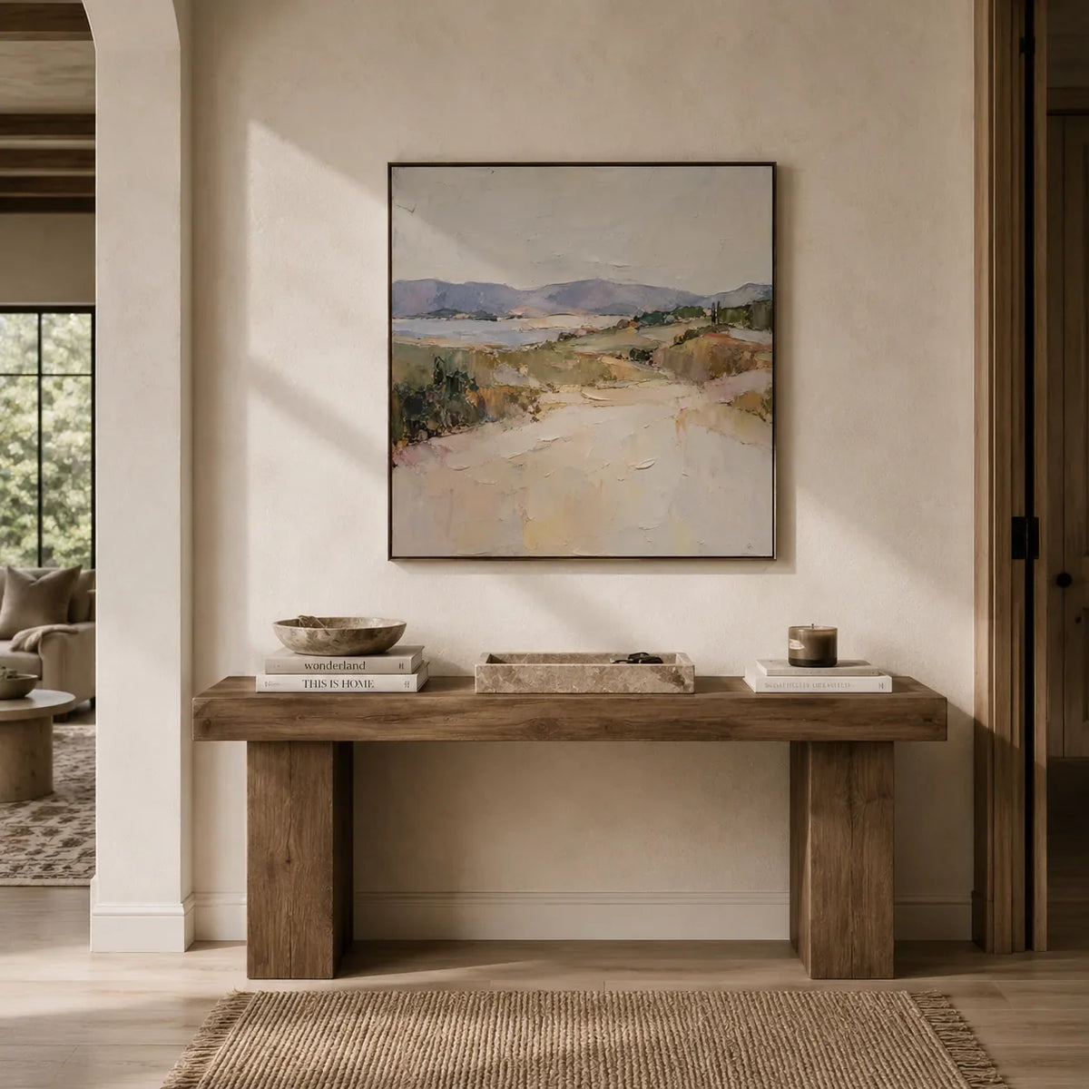 Pastel Cove Coastal Wall Art displayed above a sofa in a neutral interior | Olyrel