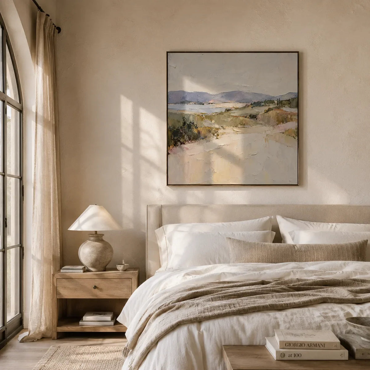 Pastel Cove Coastal Wall Art shown in a calm bedroom setting | Olyrel