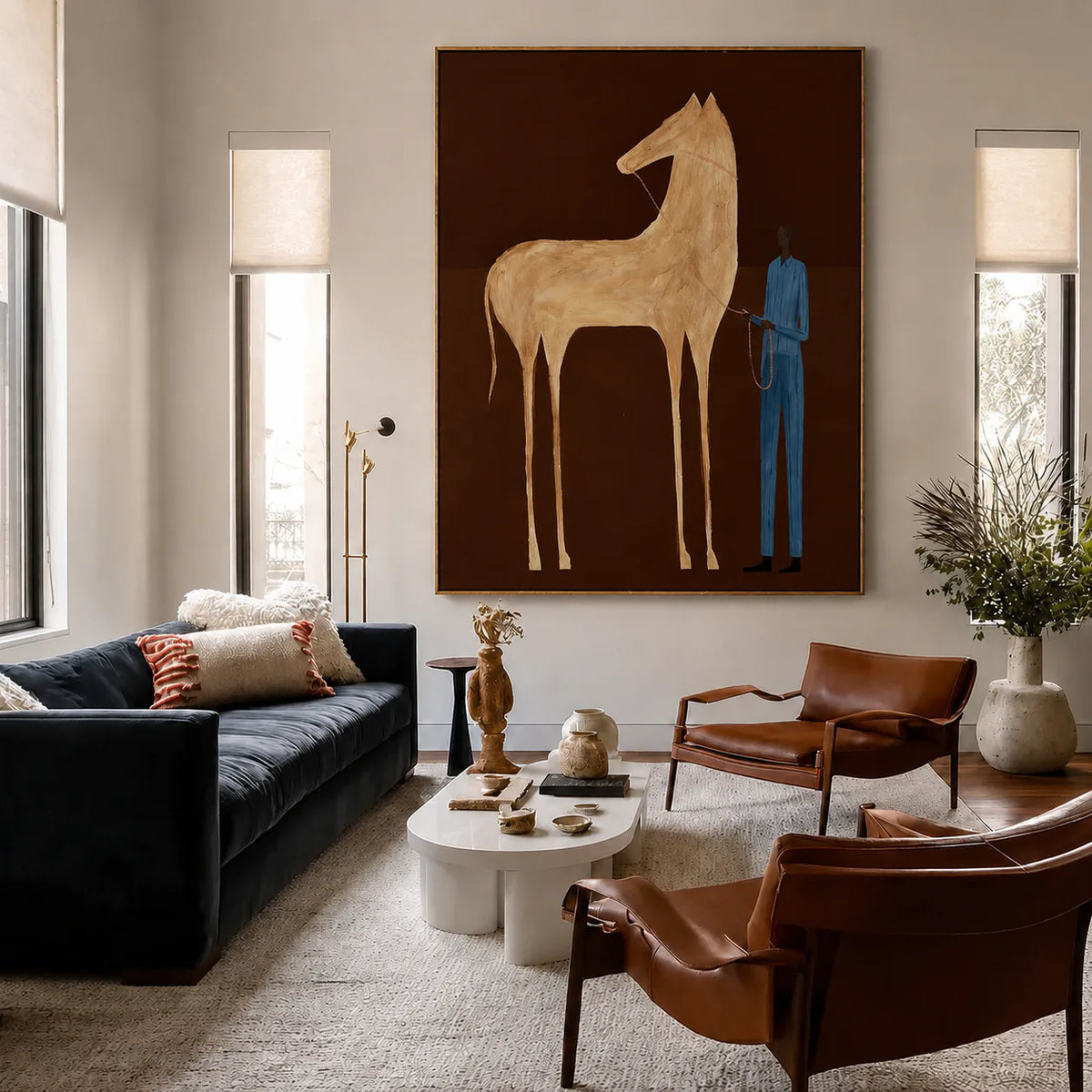 Tall Cream Horse and Blue-Clad Figure Wall Art styled interior scene 1 | Olyrel