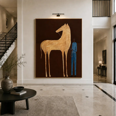 Tall Cream Horse and Blue-Clad Figure Wall Art styled interior scene 2 | Olyrel