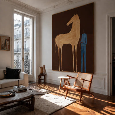 Tall Cream Horse and Blue-Clad Figure Wall Art styled interior scene 5 | Olyrel
