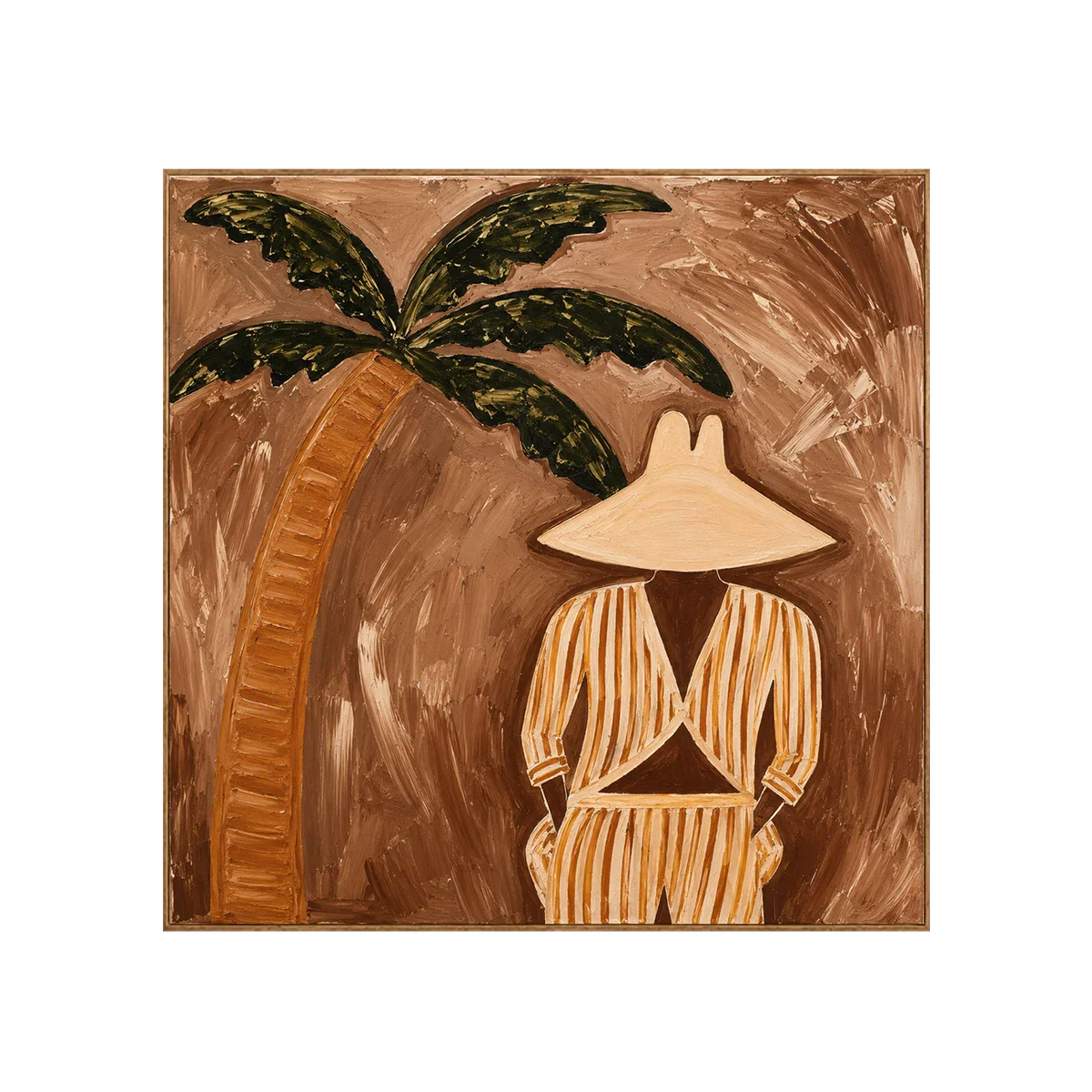 Striped Figure Beneath a Palm on Warm Brown Wall Art | Olyrel
