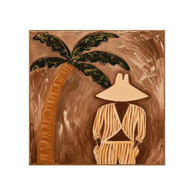 Striped Figure Beneath a Palm on Warm Brown Wall Art | Olyrel