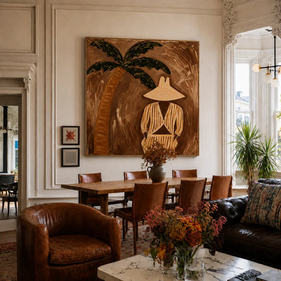 Striped Figure Beneath a Palm on Warm Brown Wall Art styled interior scene 2 | Olyrel