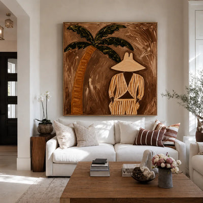 Striped Figure Beneath a Palm on Warm Brown Wall Art styled interior scene 3 | Olyrel
