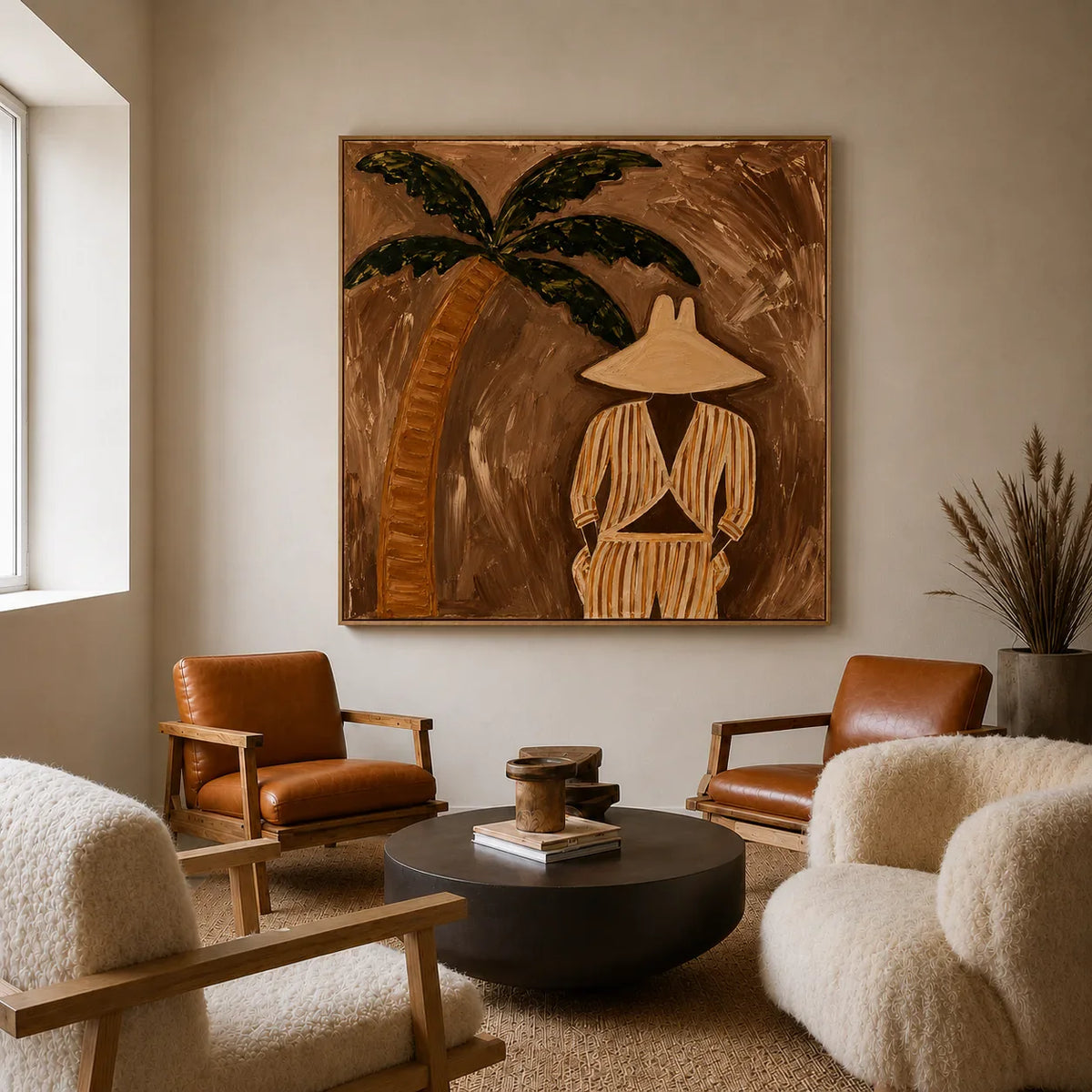 Striped Figure Beneath a Palm on Warm Brown Wall Art styled interior scene 4 | Olyrel