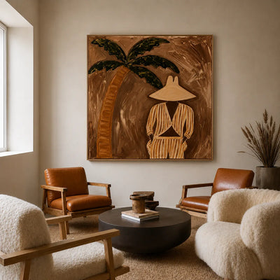 Striped Figure Beneath a Palm on Warm Brown Wall Art styled interior scene 4 | Olyrel