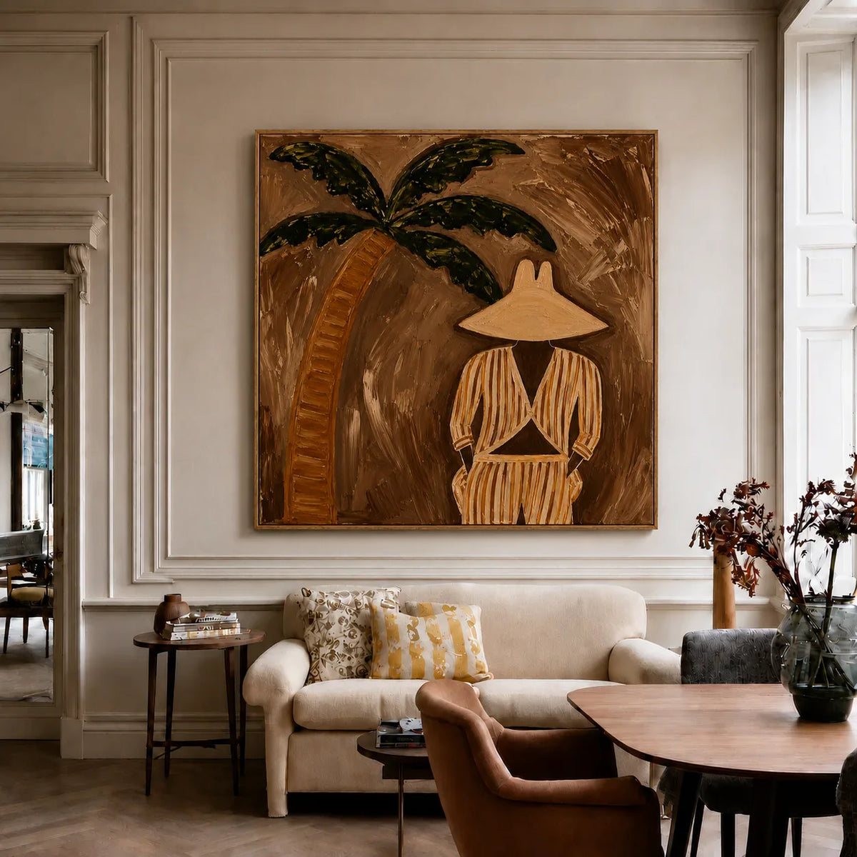 Striped Figure Beneath a Palm on Warm Brown Wall Art styled interior scene 5 | Olyrel