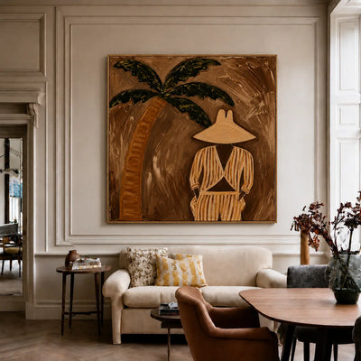Striped Figure Beneath a Palm on Warm Brown Wall Art styled interior scene 5 | Olyrel