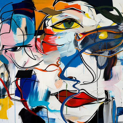 Overlapping Faces in Blue Red and Yellow Wall Art artwork view | Olyrel