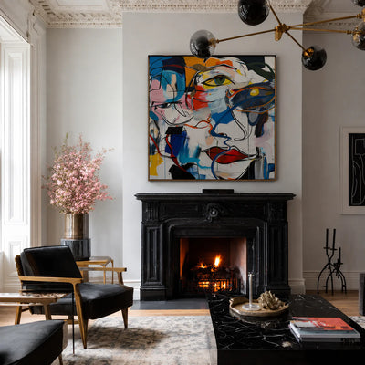 Overlapping Faces in Blue Red and Yellow Wall Art styled interior scene 1 | Olyrel
