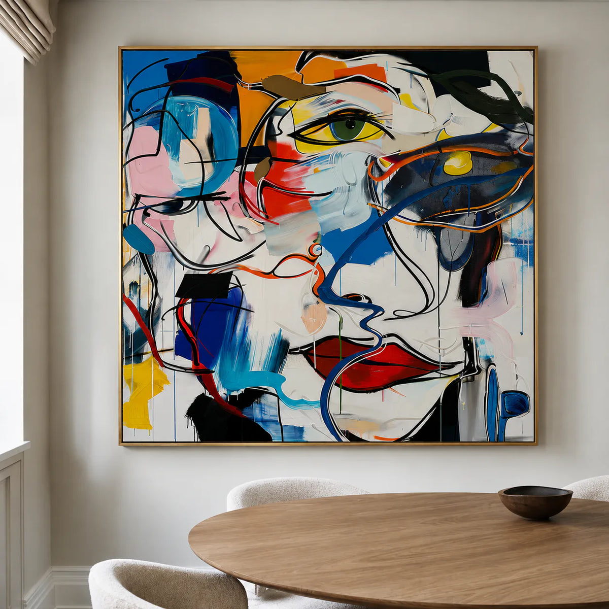 Overlapping Faces in Blue Red and Yellow Wall Art styled interior scene 2 | Olyrel