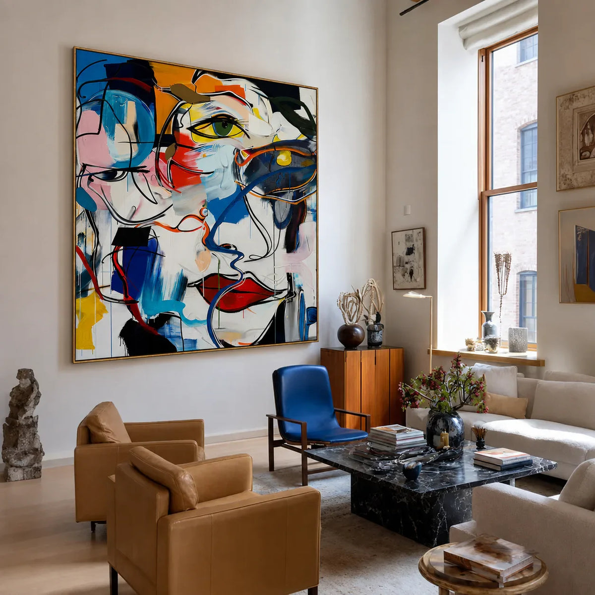 Overlapping Faces in Blue Red and Yellow Wall Art styled interior scene 3 | Olyrel