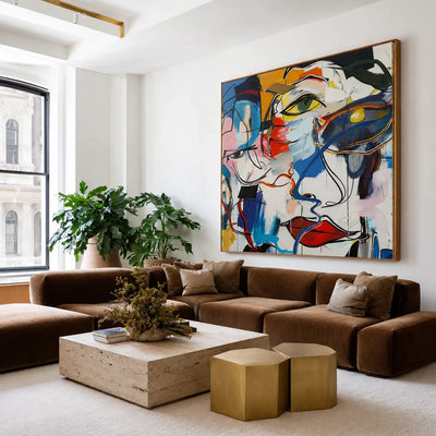 Overlapping Faces in Blue Red and Yellow Wall Art styled interior scene 5 | Olyrel
