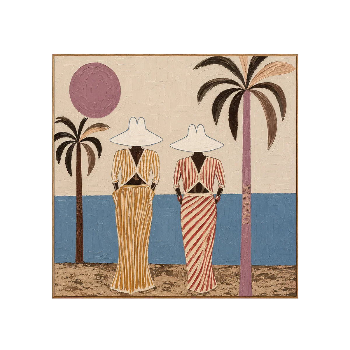 Striped Companions by the Sea with Mauve Sun Wall Art | Olyrel