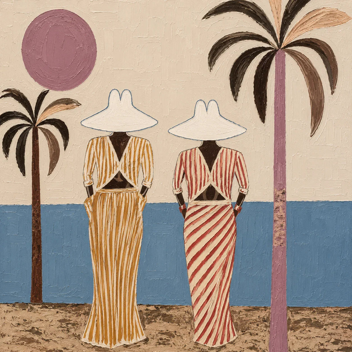 Striped Companions by the Sea with Mauve Sun Wall Art artwork view | Olyrel