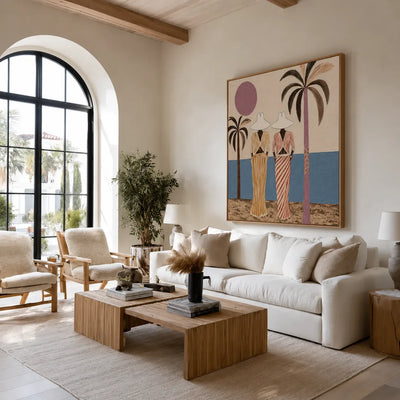 Striped Companions by the Sea with Mauve Sun Wall Art styled interior scene 2 | Olyrel