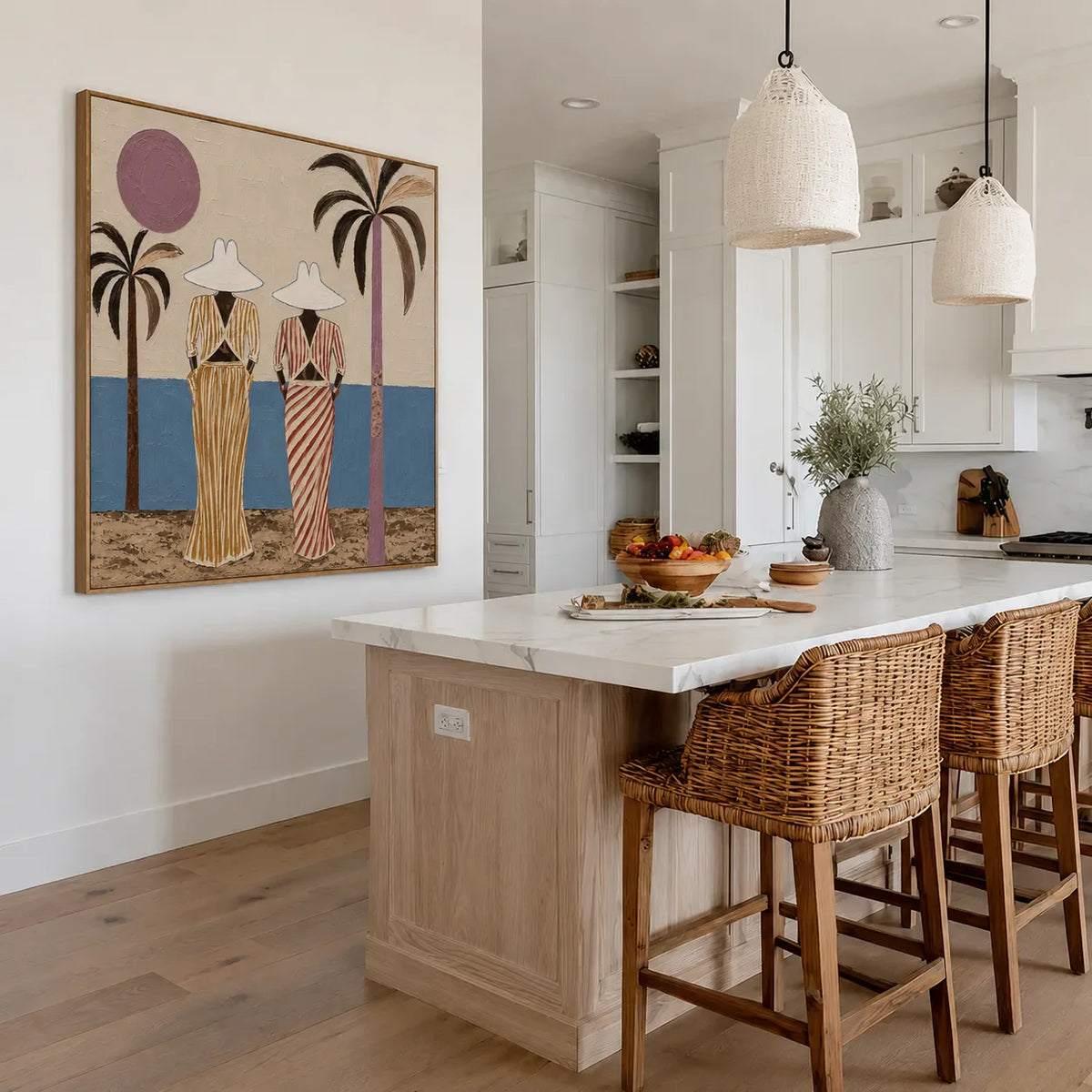 Striped Companions by the Sea with Mauve Sun Wall Art styled interior scene 3 | Olyrel