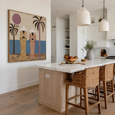 Striped Companions by the Sea with Mauve Sun Wall Art styled interior scene 3 | Olyrel