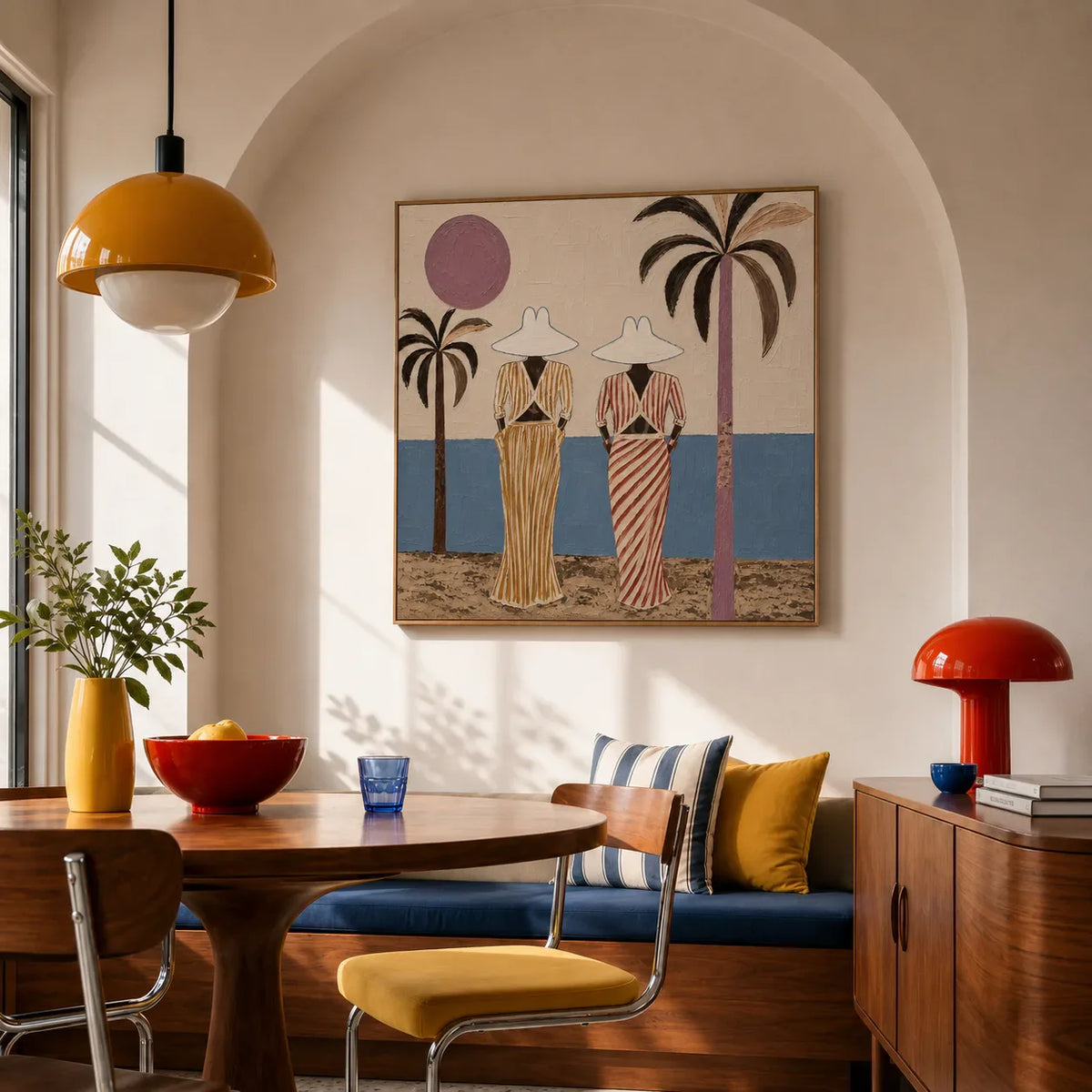 Striped Companions by the Sea with Mauve Sun Wall Art styled interior scene 4 | Olyrel