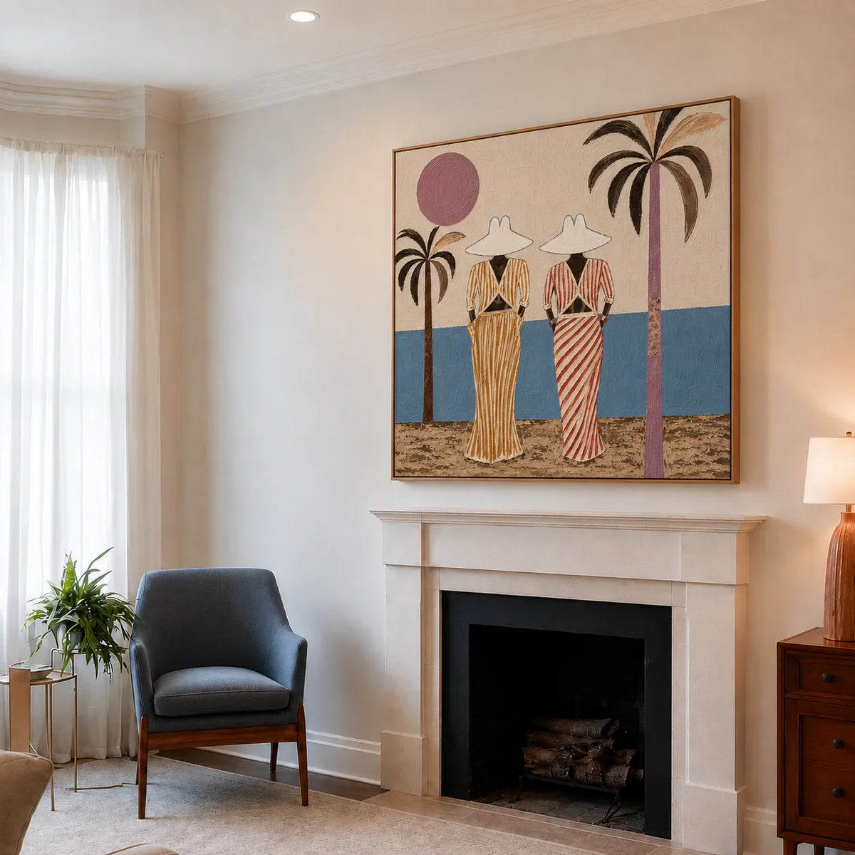 Striped Companions by the Sea with Mauve Sun Wall Art styled interior scene 5 | Olyrel