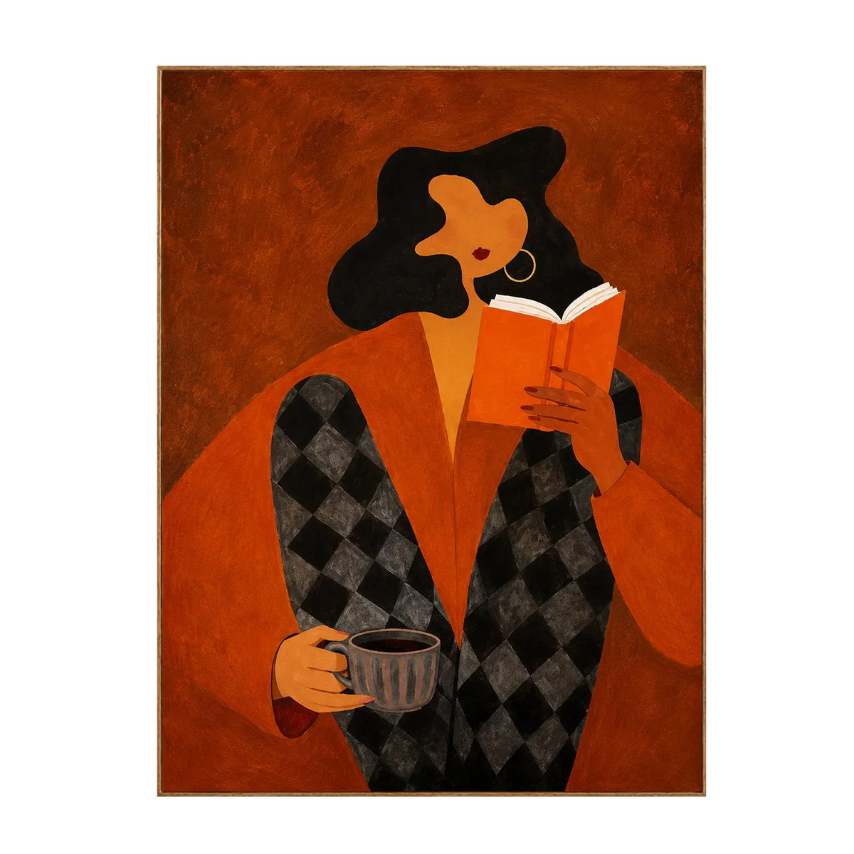 Orange Book Reader with a Cup and Checked Trousers Wall Art | Olyrel