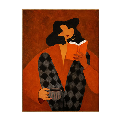 Orange Book Reader with a Cup and Checked Trousers Wall Art | Olyrel