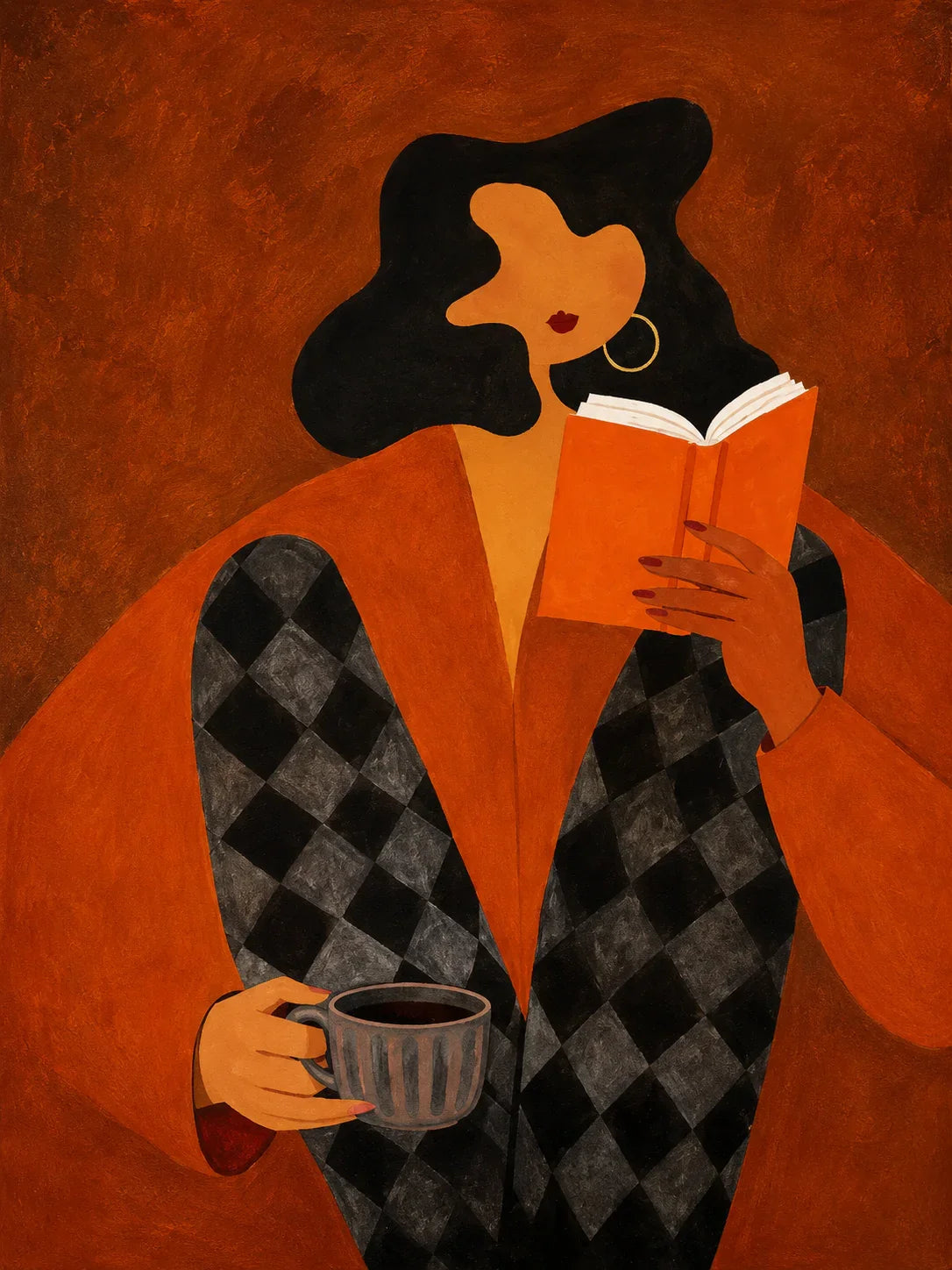 Orange Book Reader with a Cup and Checked Trousers Wall Art artwork view | Olyrel
