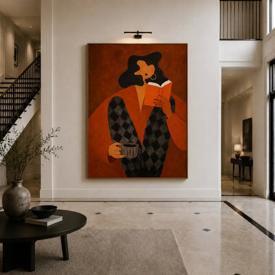 Orange Book Reader with a Cup and Checked Trousers Wall Art styled interior scene 1 | Olyrel