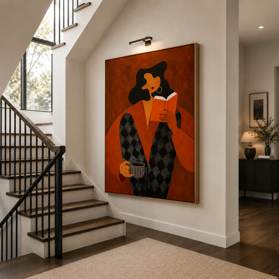 Orange Book Reader with a Cup and Checked Trousers Wall Art styled interior scene 2 | Olyrel