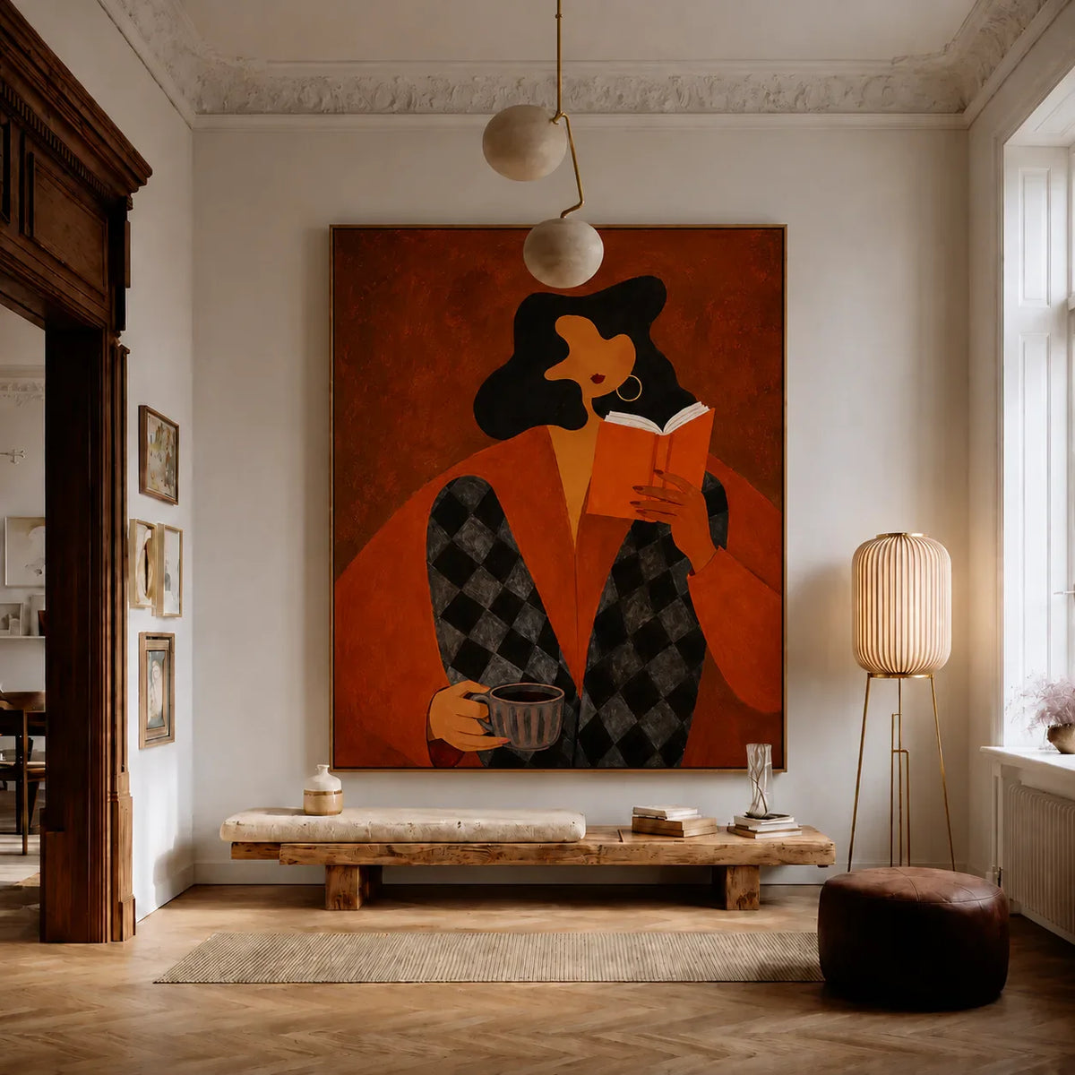 Orange Book Reader with a Cup and Checked Trousers Wall Art styled interior scene 3 | Olyrel