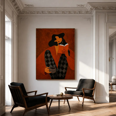 Orange Book Reader with a Cup and Checked Trousers Wall Art styled interior scene 4 | Olyrel