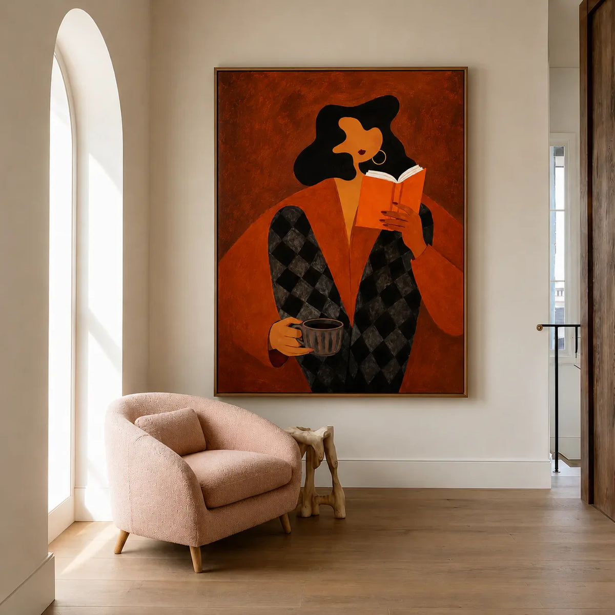 Orange Book Reader with a Cup and Checked Trousers Wall Art styled interior scene 5 | Olyrel