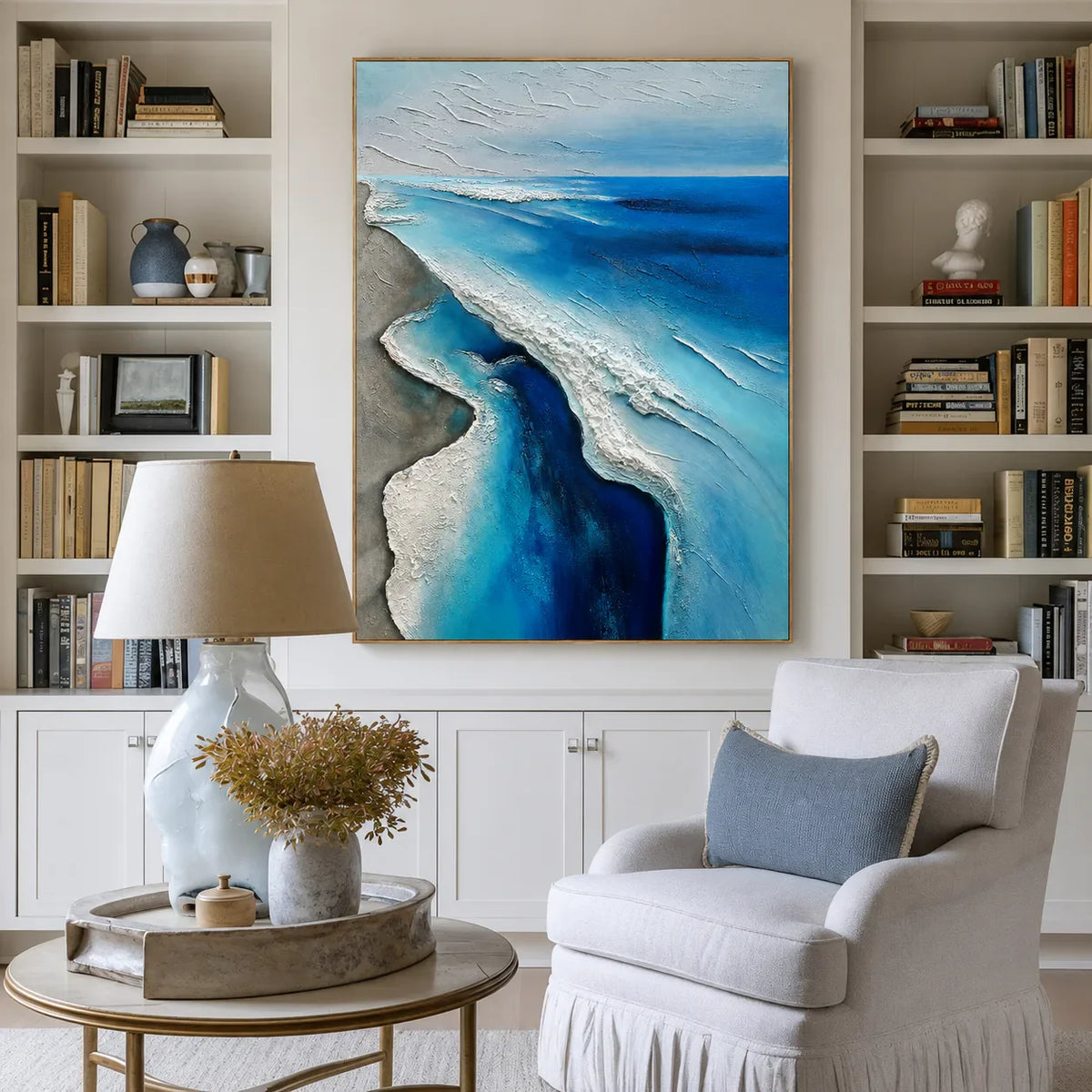 Winding Blue Surf Along a Silver-Gray Shore Wall Art styled interior scene 3 | Olyrel