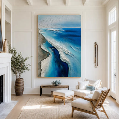 Winding Blue Surf Along a Silver-Gray Shore Wall Art styled interior scene 5 | Olyrel