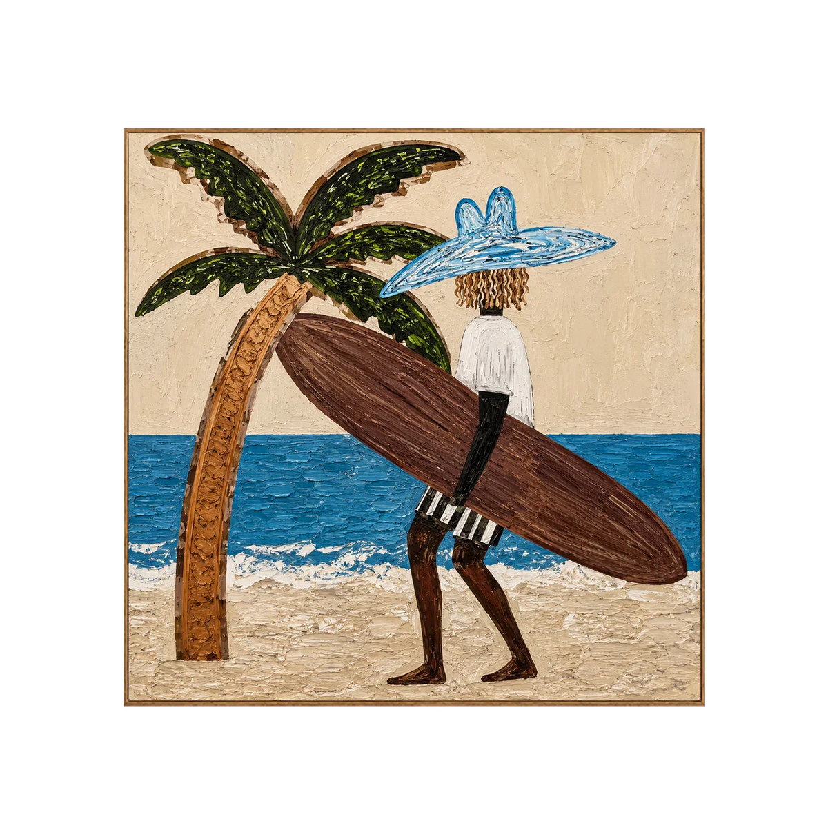 Blue-Hatted Surfer Carrying a Brown Board Wall Art | Olyrel