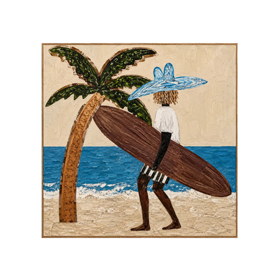Blue-Hatted Surfer Carrying a Brown Board Wall Art | Olyrel