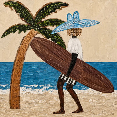 Blue-Hatted Surfer Carrying a Brown Board Wall Art artwork view | Olyrel