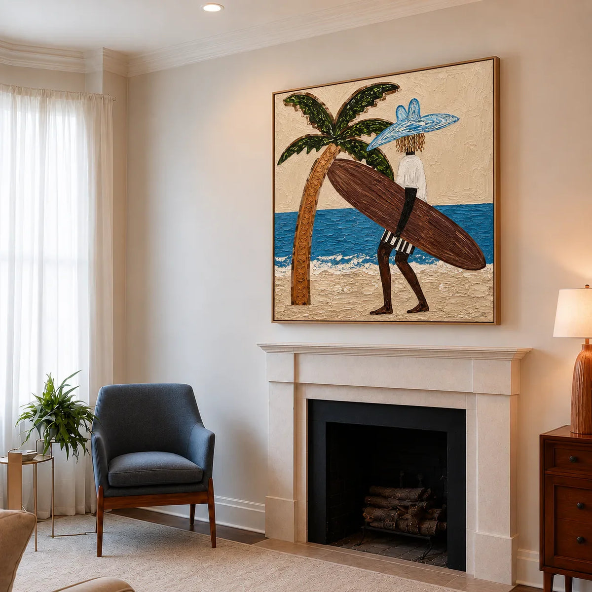 Blue-Hatted Surfer Carrying a Brown Board Wall Art styled interior scene 1 | Olyrel