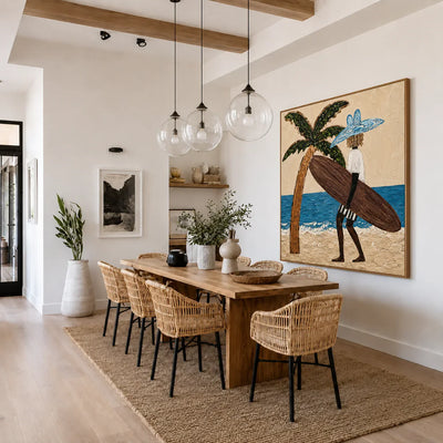 Blue-Hatted Surfer Carrying a Brown Board Wall Art styled interior scene 3 | Olyrel