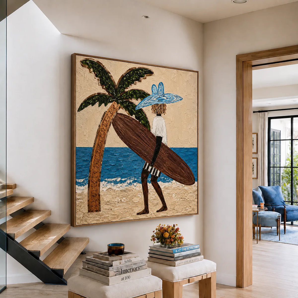 Blue-Hatted Surfer Carrying a Brown Board Wall Art styled interior scene 5 | Olyrel