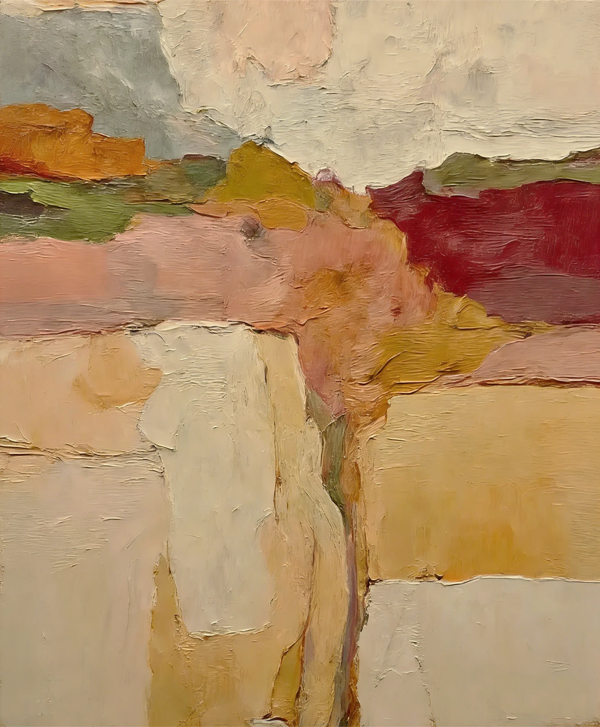 Ochre and Burgundy Layers Through a Cream Field Wall Art artwork view | Olyrel