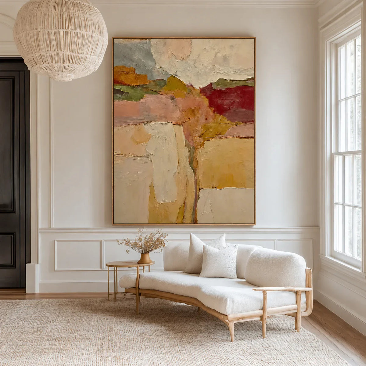 Ochre and Burgundy Layers Through a Cream Field Wall Art styled interior scene 1 | Olyrel