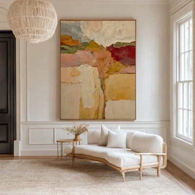 Ochre and Burgundy Layers Through a Cream Field Wall Art styled interior scene 1 | Olyrel