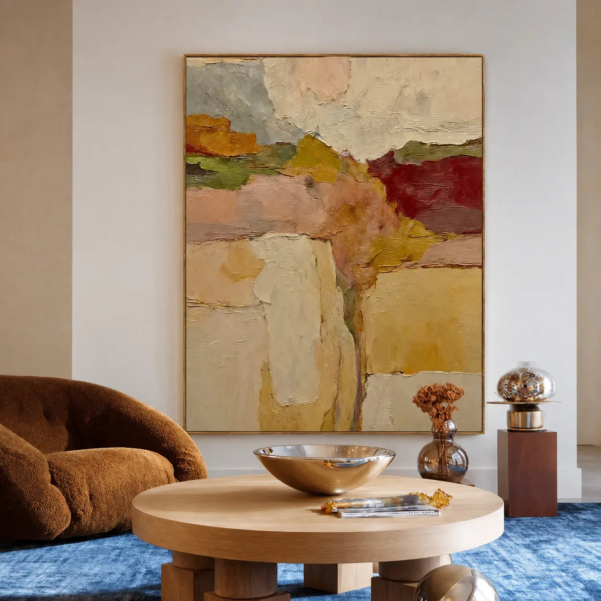 Ochre and Burgundy Layers Through a Cream Field Wall Art styled interior scene 2 | Olyrel