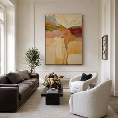 Ochre and Burgundy Layers Through a Cream Field Wall Art styled interior scene 3 | Olyrel